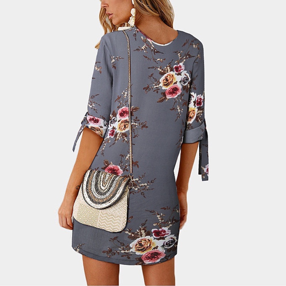 Boho Grayish Blue Floral Chiffon Sheath Dress - Picture 2 of 8